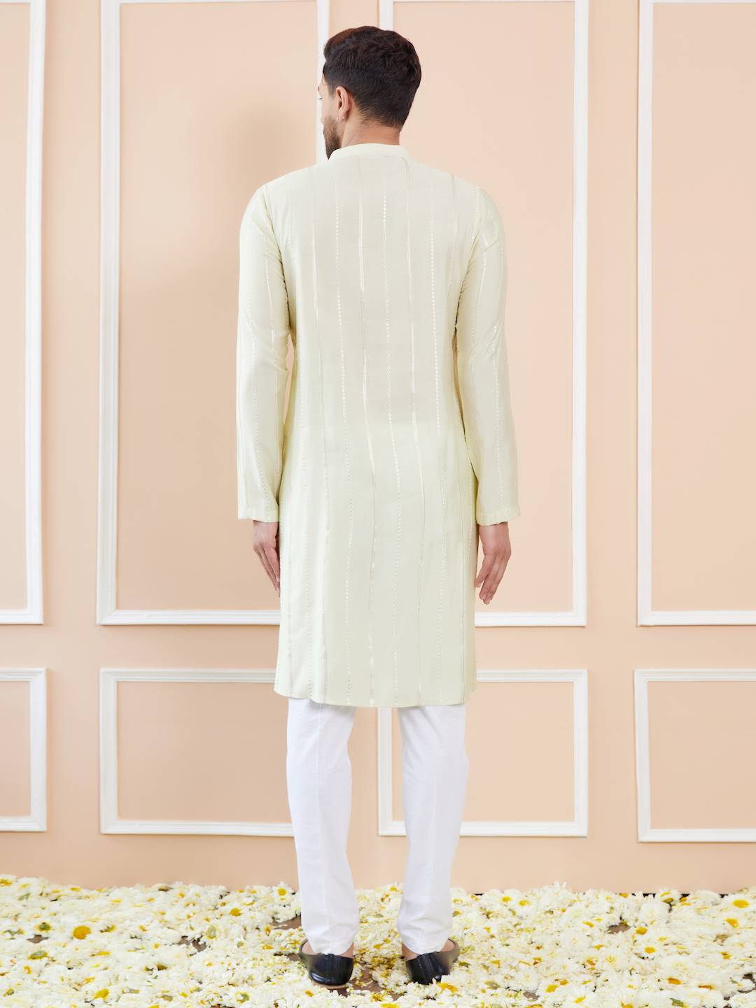 Men Cream with Subtle Golden Stripes Chanderi Silk Sequins Kurta With Pajama