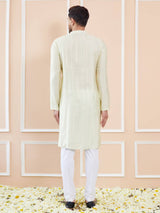 Men Cream with Subtle Golden Stripes Chanderi Silk Sequins Kurta With Pajama