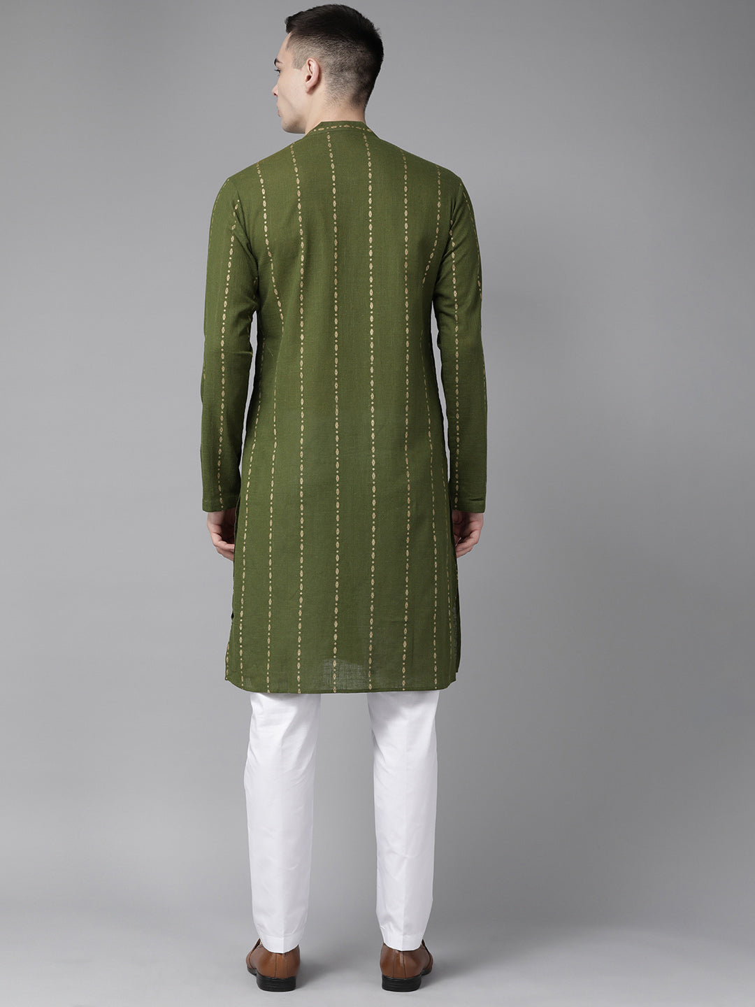 Men Green & Gold Stripe Printed Straight Kurta With Pajama