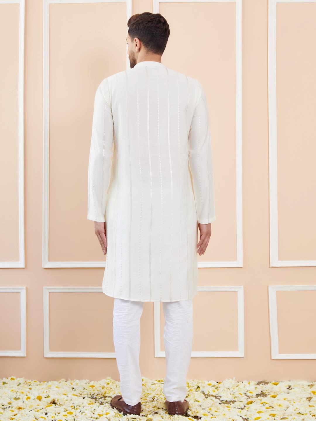 Men Ivory with Subtle Golden Chanderi Silk Sequins Kurta With Pajama