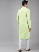 Men Lime Green & White Printed Pure Cotton Straight Kurta With Pajama