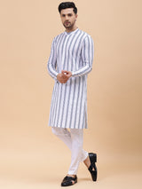 Men White & Blue Pure Cotton Embroidered Straight Kurta With pyjama