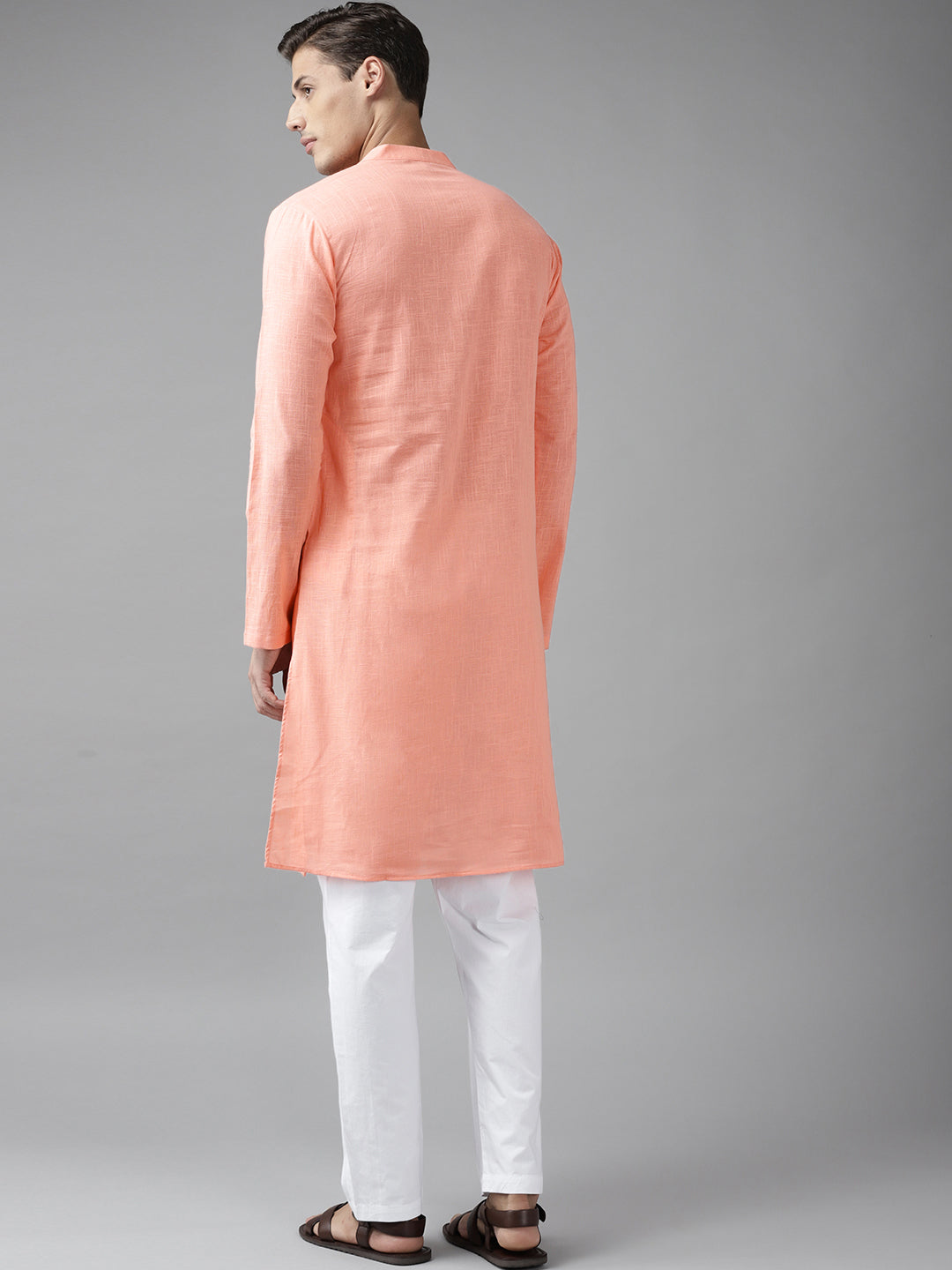 Men Peach Cotton Straight Kurta with Slub Effect