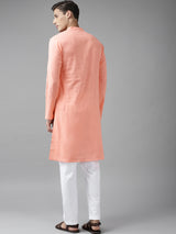 Men Peach Cotton Straight Kurta with Slub Effect