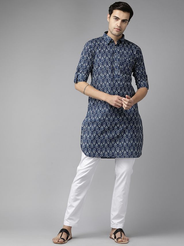 Men Indigo Regular Pure Cotton Pathani Printed Men's Kurta