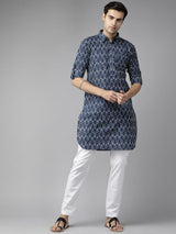 Men Indigo Regular Pure Cotton Pathani Printed Men's Kurta