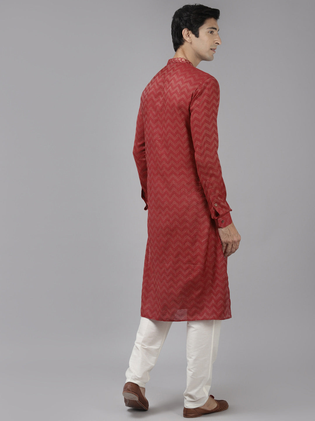 Men Maroon & Beige Wave Woven Design Thread Work Kurta