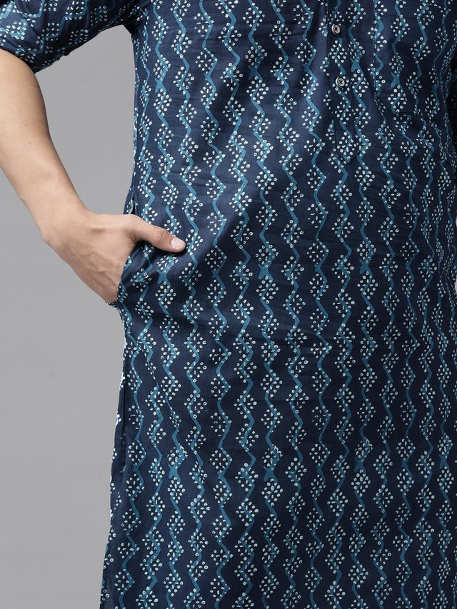 Men Indigo Regular Pure Cotton Pathani Printed Men's Kurta