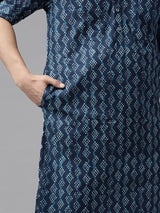 Men Indigo Regular Pure Cotton Pathani Printed Men's Kurta