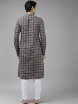 Men Blue And Beige Printed Thread Work Indigo Kurta With Pajama