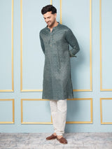 Men Blue & Green Woven Design Thread Work Kurta With pyjama