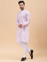Men White & Pink Pure Cotton Embroidered Straight Kurta With pyjama