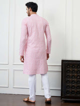 Men White and Pink Leaf Pattern Chikankari Embroidered Cotton Kurta Set