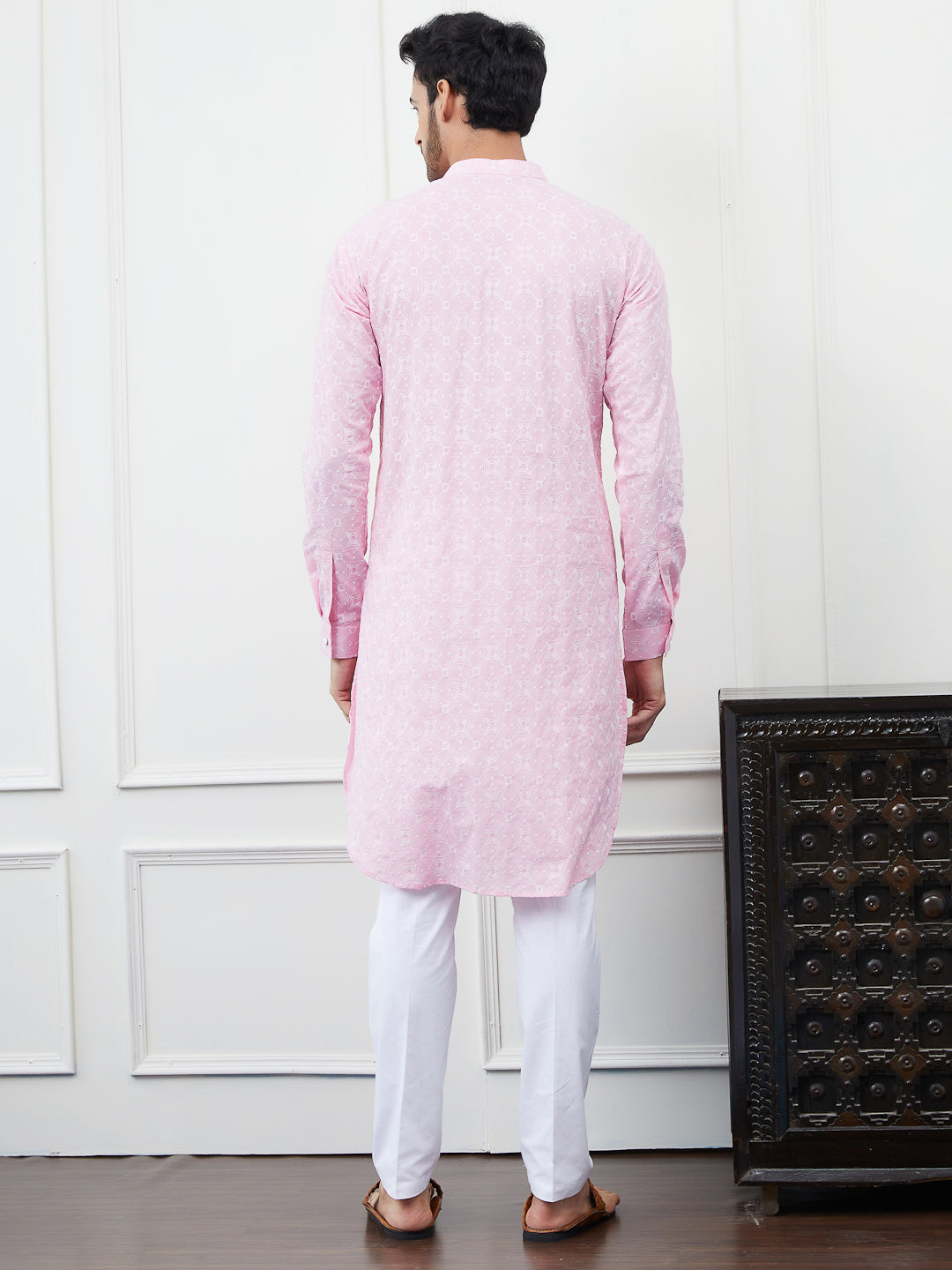 Men Peach Embroidered Cotton Kurta