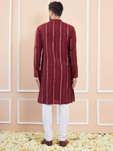 Men Burgundy And Gold Chanderi Silk Sequins Kurta With Pajama