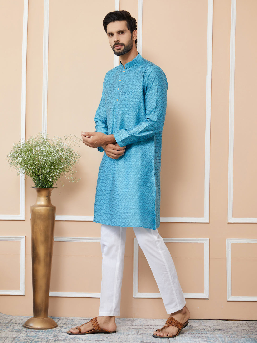 Light Blue Ethnic Motifs Silk Jacquard Woven Design Straight Kurta with Pyjama