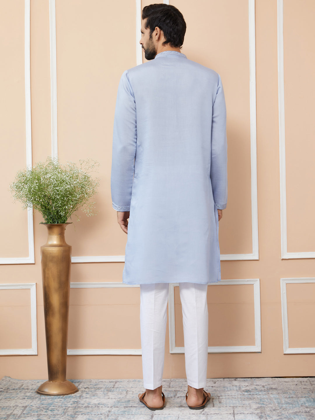 Blue Embroidered Chanderi Silk Straight Kurta with Pyjama