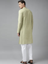 Men Green Cotton Straight Kurta with Slub Effect With Pajama