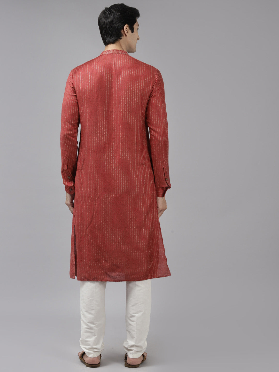 Men Maroon & Beige Toned Woven Design Thread Work Kurta