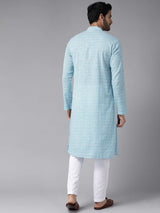 Men Aqua Blue & White Printed Pure Cotton Straight Kurta With Pajama