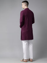 Men Megenta Embroidered Sequined Rayon Kurta