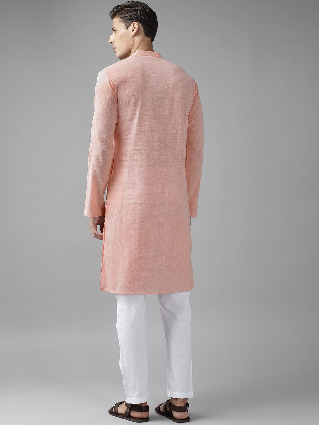 Men Pink Cotton Straight Kurta with Slub Effect With Pajama