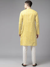 Men Gold & White Pure Cotton Embroidered Straight Kurta With Pajama