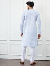 Men White And Light Blue Chikankari Embroidered Cotton Kurta Set