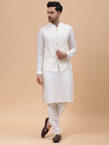 Men Off White Kurta Pajama & Subtle Woven Floral Pattern Jacquard Nehru jacket