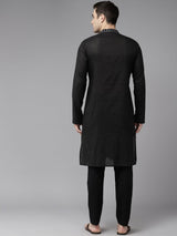 Men Black & Silver Silk Woven Design Straight Kurta With Pajama