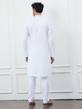 Men White with Navy Blue Thread Work & Sequence Kurta with Pajama