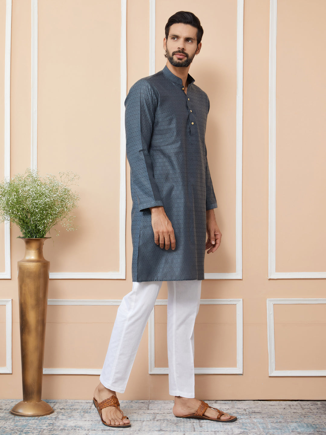 Charcoal Grey Ethnic Motifs Silk Jacquard Woven Design Straight Kurta with Pyjama