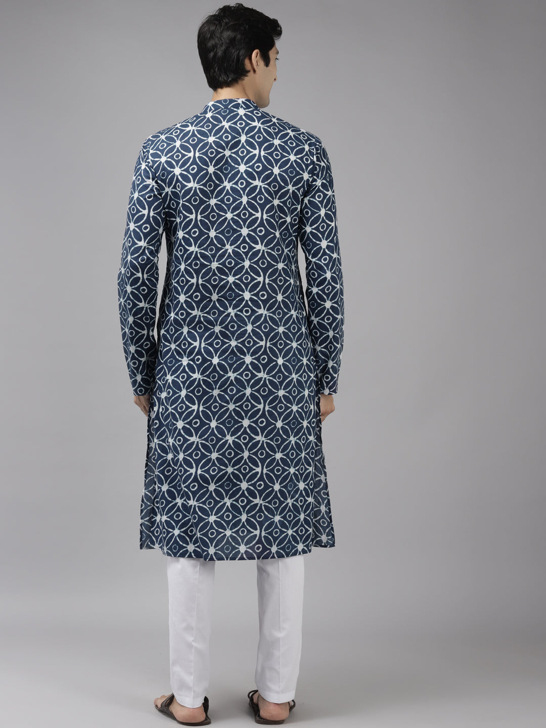 Men Straight Off White & Blue Printed Kurta With Pajama