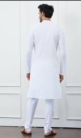 Men White Cotton Kurta With Pink Thread Work