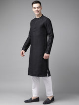 Men Black Pure Cotton Kurta Pajama With Blue Printed Nehru jacket