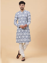 Men White and Grey Ikat Printed Kurta With pyjama