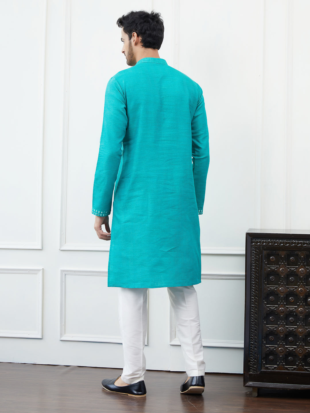 Riwaat.com Men Turquoise Sequence Mirror Work Cotton Kurta Riwaat Embroidered