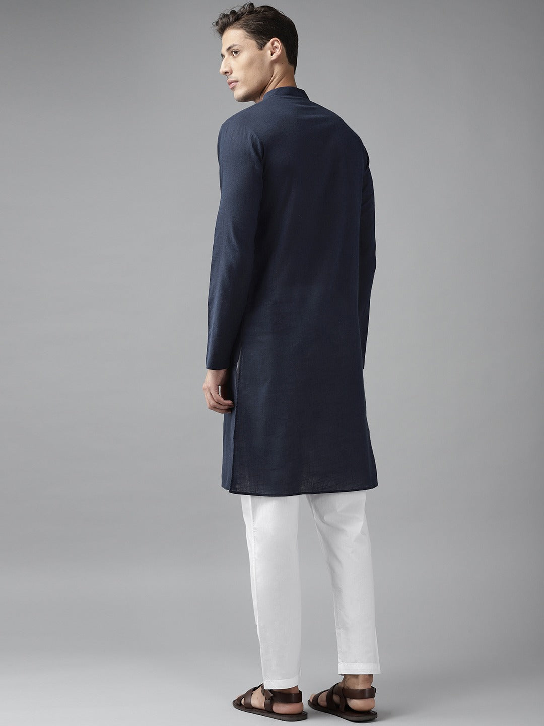 Men Blue Cotton Straight Kurta with Slub Effect With Pajama