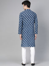 Riwaat.com Men Blue Indigo Hand Block Print Straight Sustainable Kurta Riwaat Printed