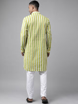 Men Lime Green Regular Pure Cotton Pathani Printed Men's Kurta With White Salwar