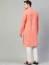 Riwaat.com Men Peach & White Printed Straight Kurta Riwaat Bundi Printed