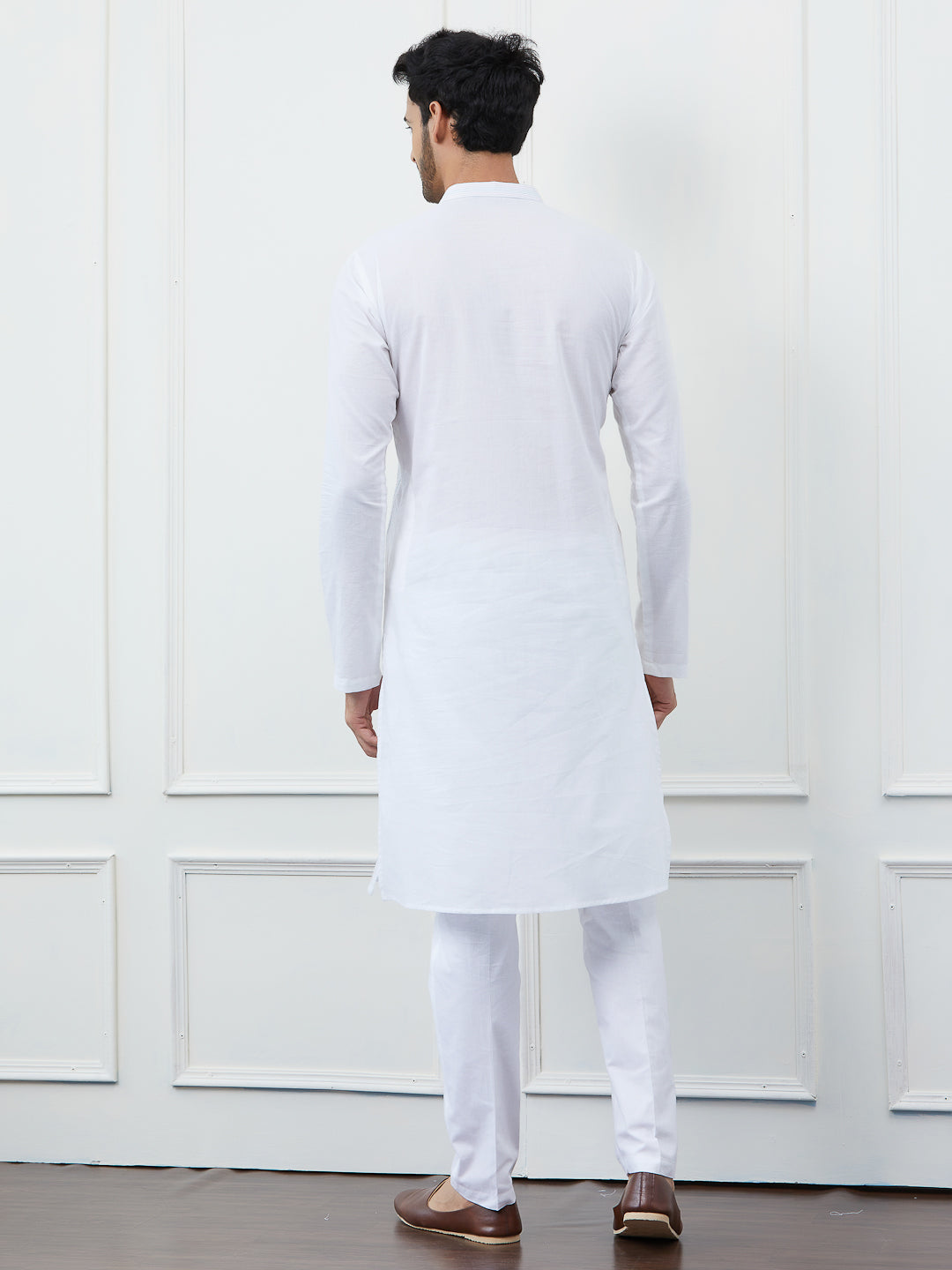 Men White with Subtle Pastel Stripes Kurta and Pajama