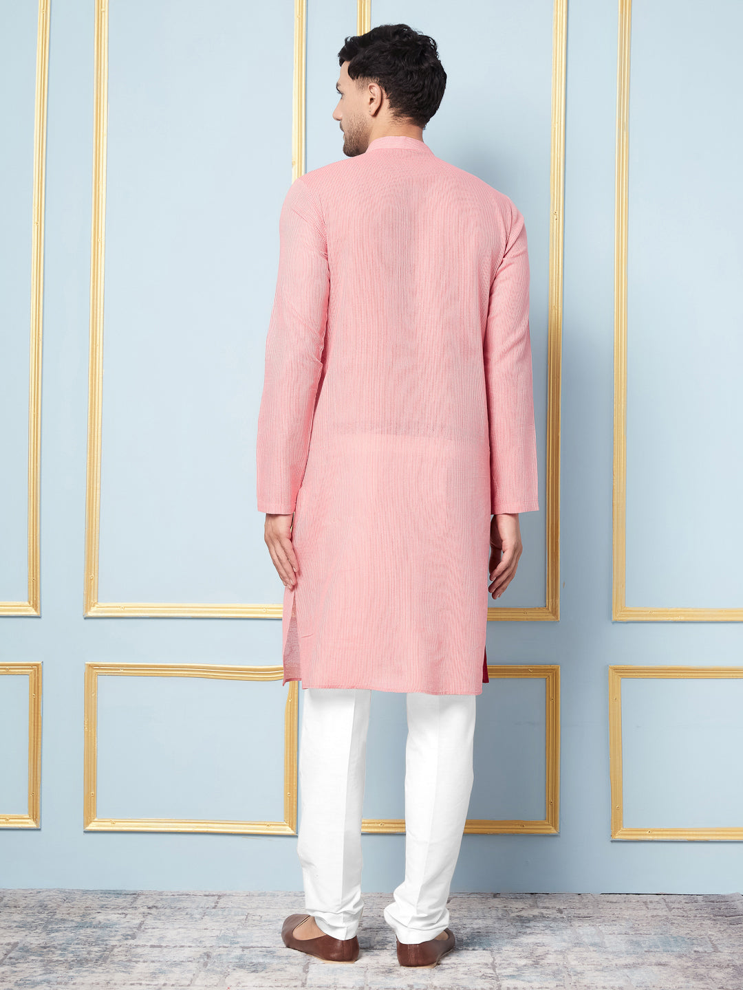 Men Coral and Pink Weaving Design Kurta With pyjama