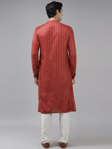 Men Maroon & Beige Woven Design Thread Work Kurta