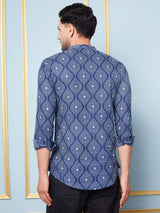 Men Blue & White Azure Wave Printed Cotton Short Kurta