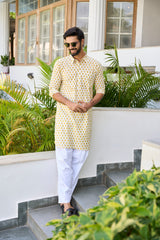 Riwaat.com Men Yellow Regular Pure Cotton Pathani Kurta Riwaat Floral Haldi Pathani