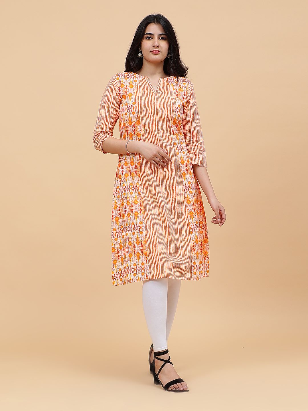 Women Coral And White Color Printed Yoke Design Cotton Kurti