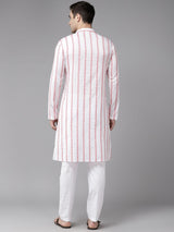 Men White & Pink Pure Cotton Embroidered Straight Kurta With Pajama