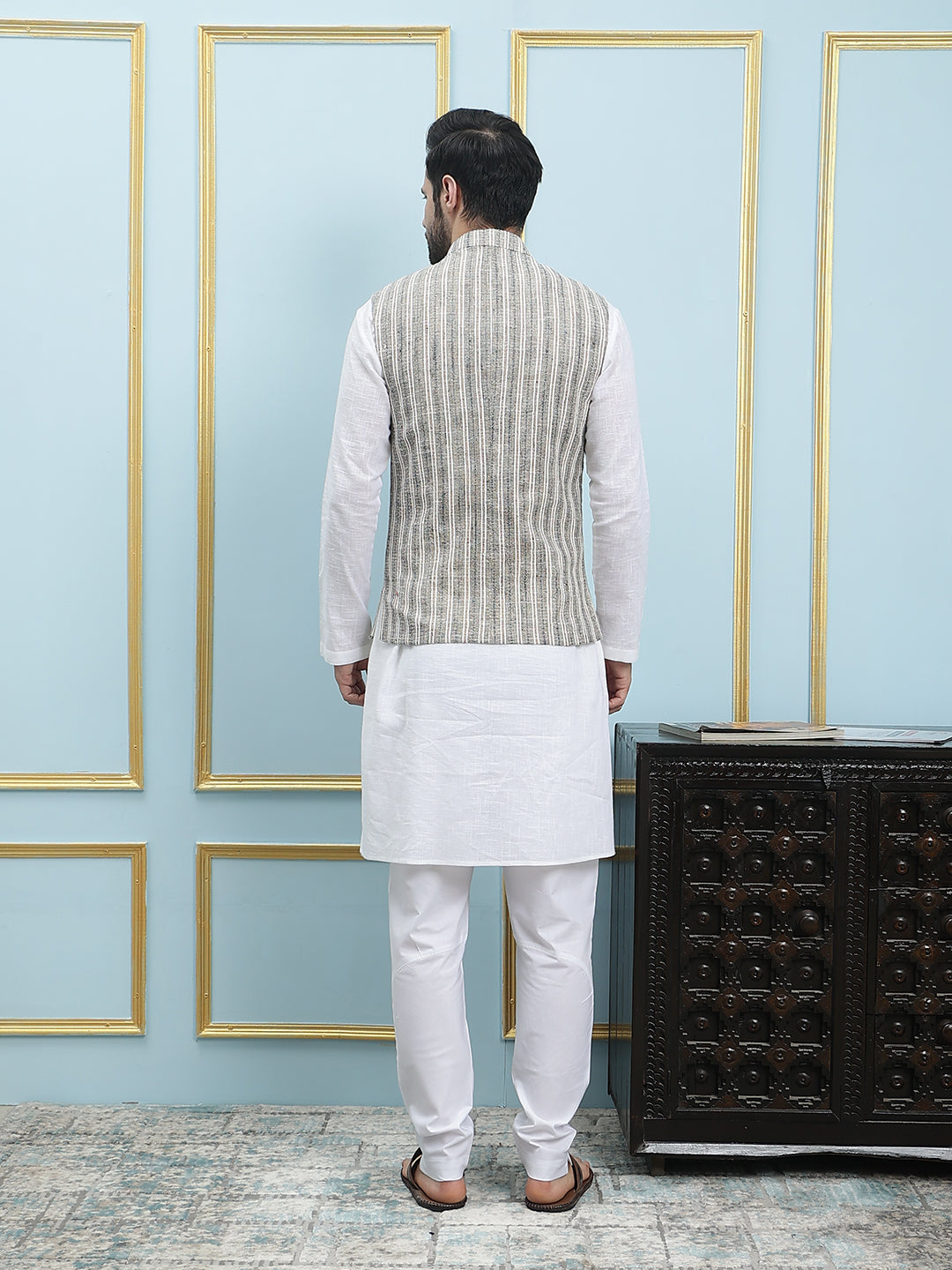 Men Grey Color Khadi Nehru Jacket