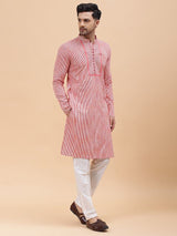 Men Pink Stripe Pure Cotton Printed Straight Kurta With pyjama